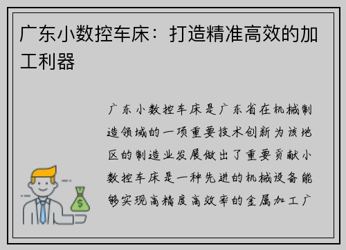 广东小数控车床：打造精准高效的加工利器